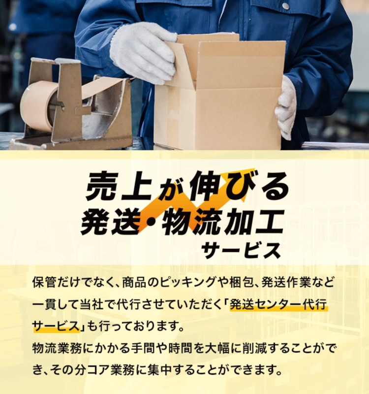 売上が伸びる発送・物流加工サービス 保管だけでなく、商品のピッキングや梱包、発送作業など一貫して当社で代行させていただく「発送センター代行サービス」も行っております。物流業務にかかる手間や時間を大幅に削減することができ、そのぶんコア業務に集中することができます。