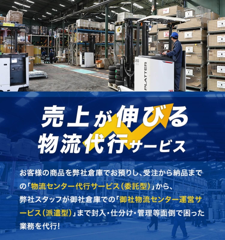 売上が伸びる物流代行サービス お客様の商品を弊社倉庫でお預りし、受注から納品までの「物流センター代行サービス（委託型）」から、弊社スタッフが弊社倉庫での「御社物流センター運営サービス（派遣型）」まで封入・仕分け・管理等面倒で困った業務を代行！