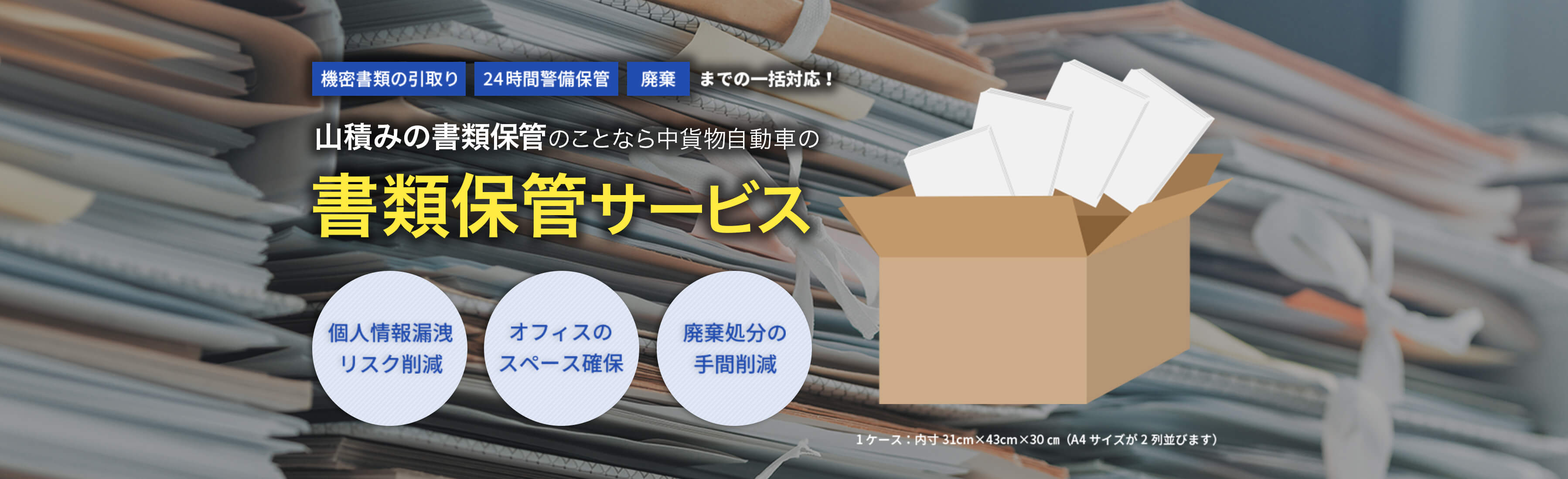 機密書類の引取り 24時間警備保管 廃棄までの一括対応!山積みの書類保管のことなら中貨物自動車の書類保管サービス 個人情報漏洩のリスク削減 オフィスのスペース確保 廃棄処分の手間削減 1ケース:内寸31cm×43cm×30cm(A4サイズが2列並びます)